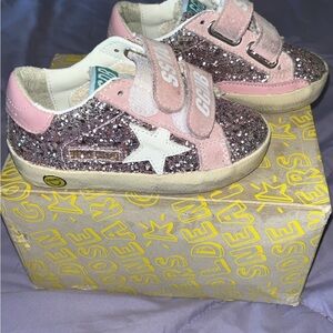 Golden Goose Pink and White Glitter Sneakers with Velcro Straps